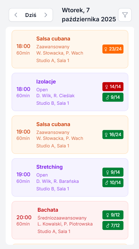 Widok listy dziennej - mobilny widok zajęć w układzie pionowym z kartami zajęć