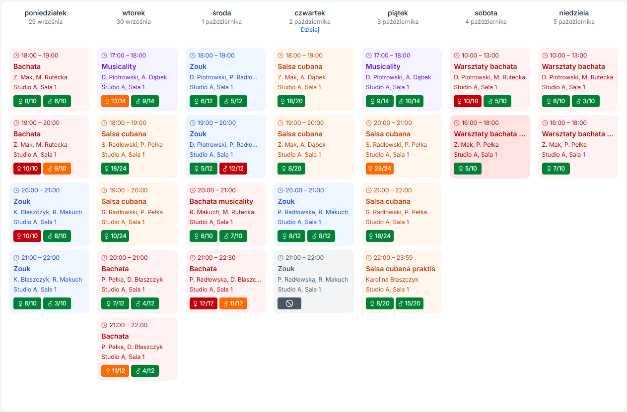 Widok listy tygodniowej - grafik zajęć z siedmioma kolumnami dni tygodnia w formie list