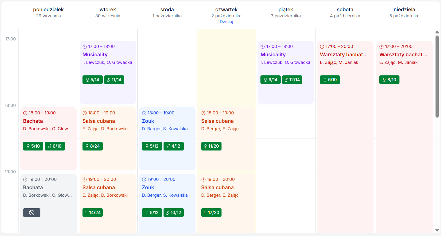Widok siatki tygodniowej - rekomendowany dla scenariusza jedna sala, jedna pora dnia