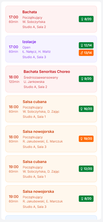 Widok listy dziennej na mobile