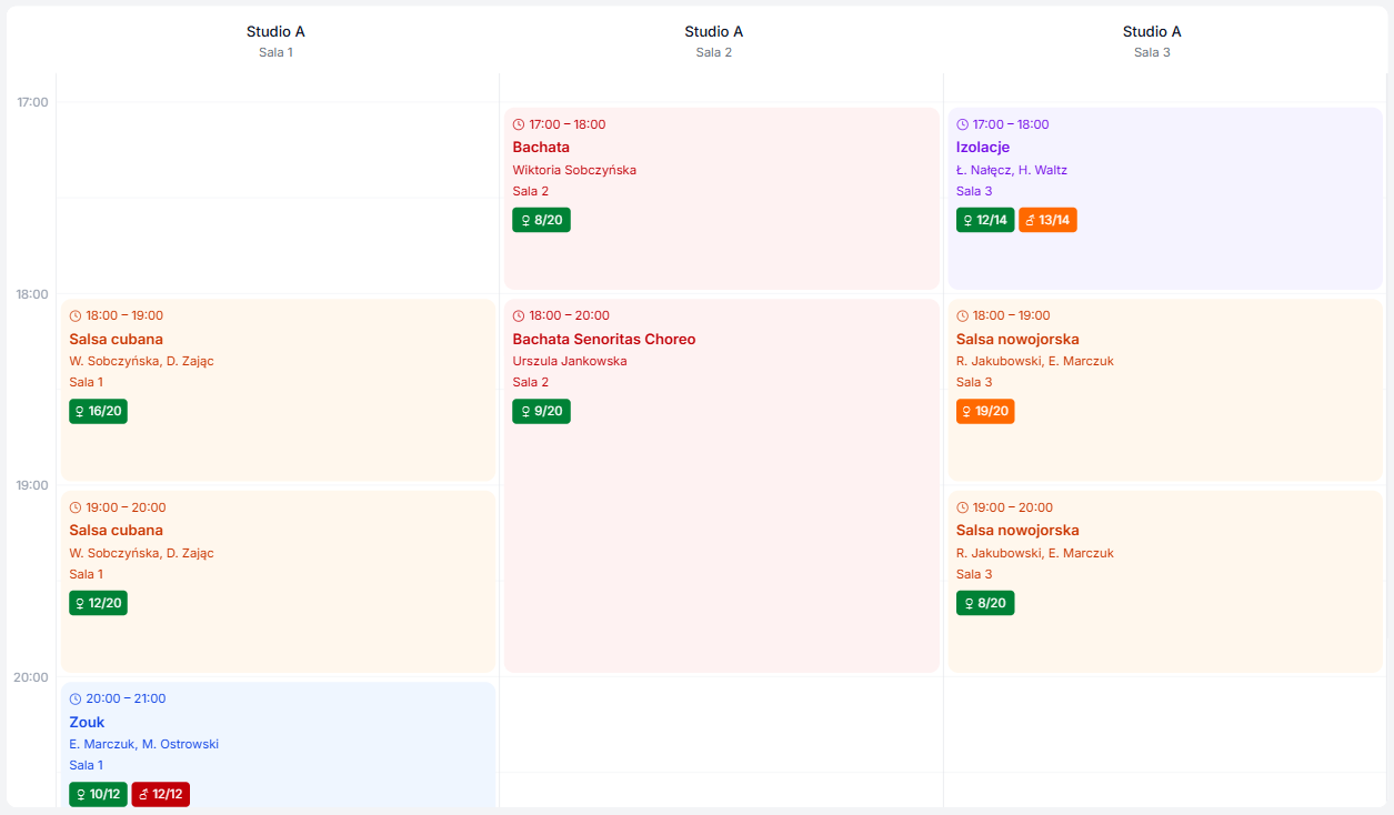 Widok siatki dziennej z trzema salami - rekomendowany dla scenariusza wiele sal, jedna pora dnia