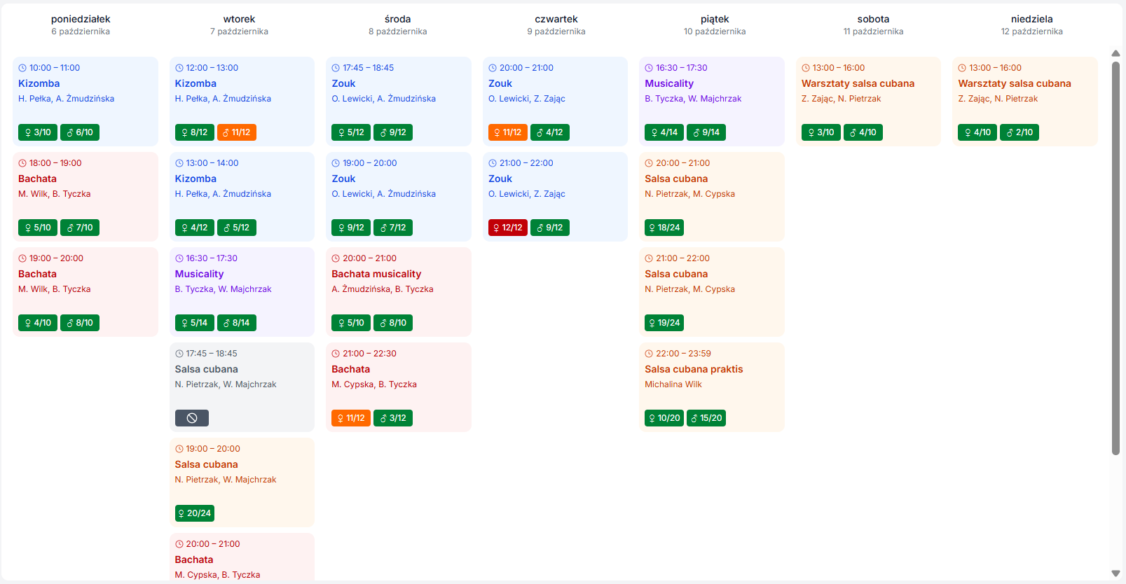 Widok listy tygodniowej - rekomendowany dla scenariusza jedna sala, różne pory dnia