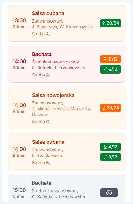 Widok listy dziennej na mobile z wieloma salami
