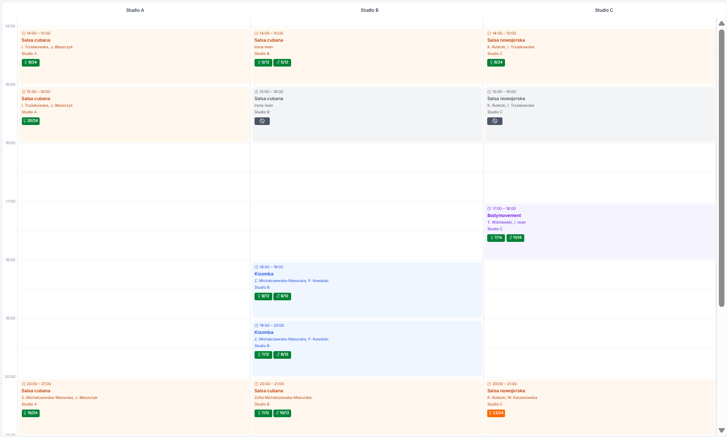 Widok siatki dziennej z trzema salami i zajęciami o różnych porach - rekomendowany dla scenariusza wiele sal/lokalizacji, różne pory