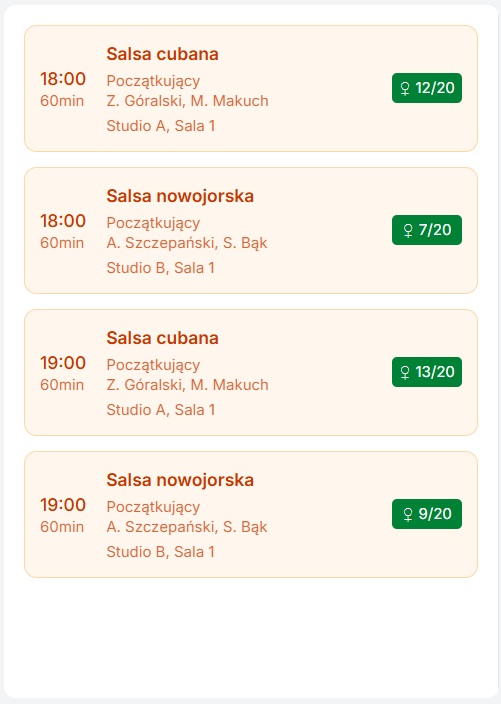 Widok listy dziennej na mobile po zastosowaniu filtrów - pokazuje tylko 4 zajęcia