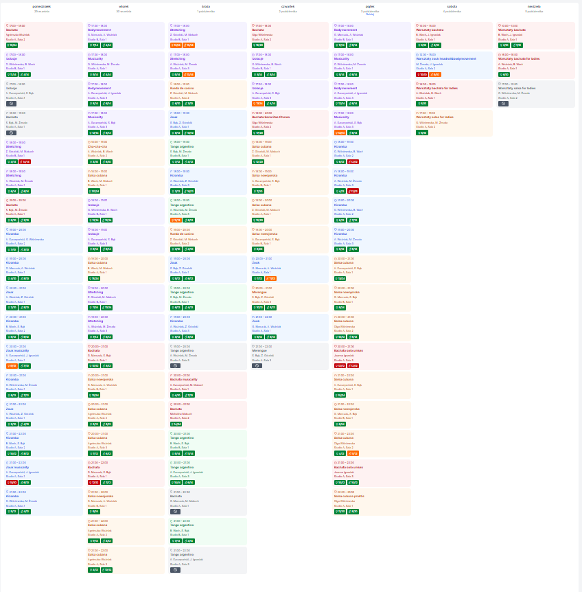 Widok listy tygodniowej z wieloma lokalizacjami i salami - nieczytelny i przytłaczający