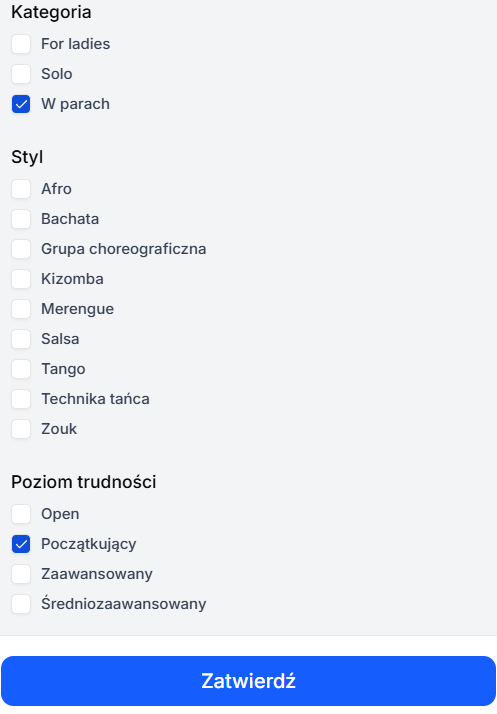 Panel filtrów na mobile z kategoriami, stylami i poziomami