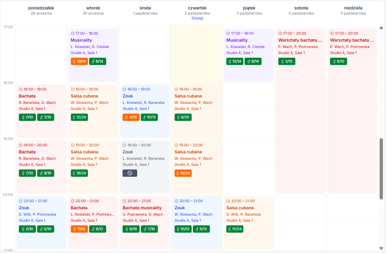 Widok siatki tygodniowej - grafik zajęć z podziałem na dni tygodnia w układzie kolumnowym