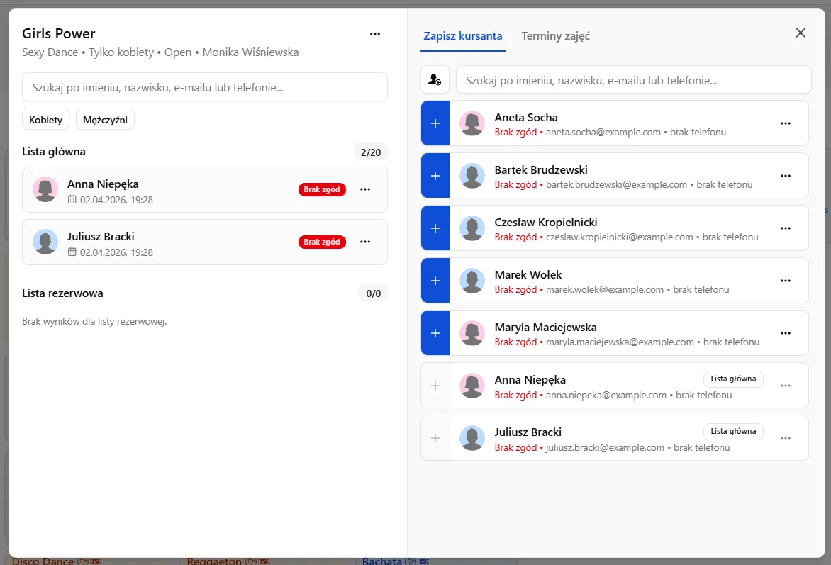 Lista kursantów z oznaczeniem brakujących zgód w Baileo