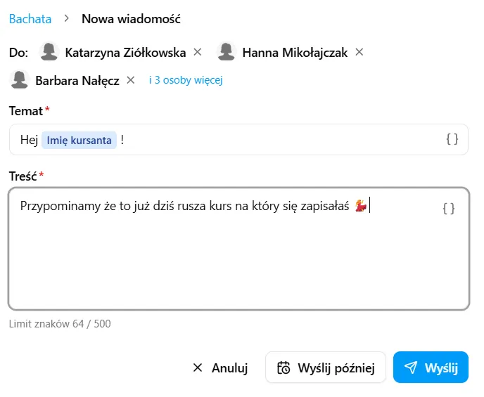 Wysyłka wiadomości do wielu kursantów w Baileo