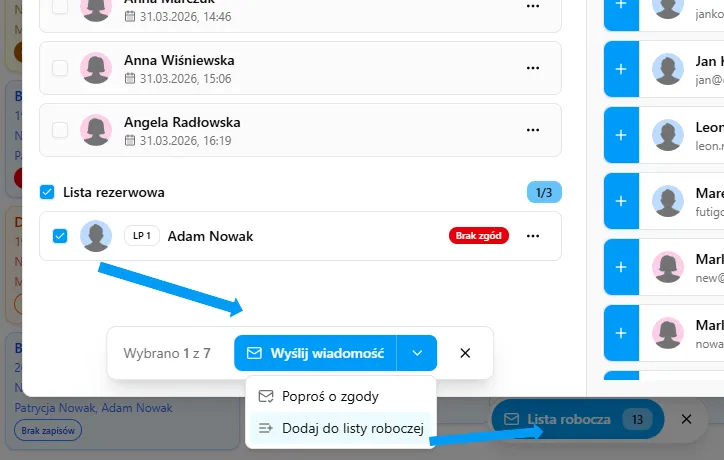 Zbieranie adresatów do listy roboczej w Baileo