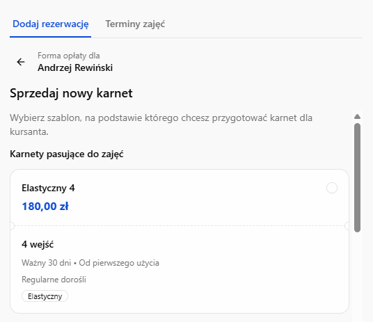 Sprzedaż nowego karnetu podczas rezerwacji w Baileo