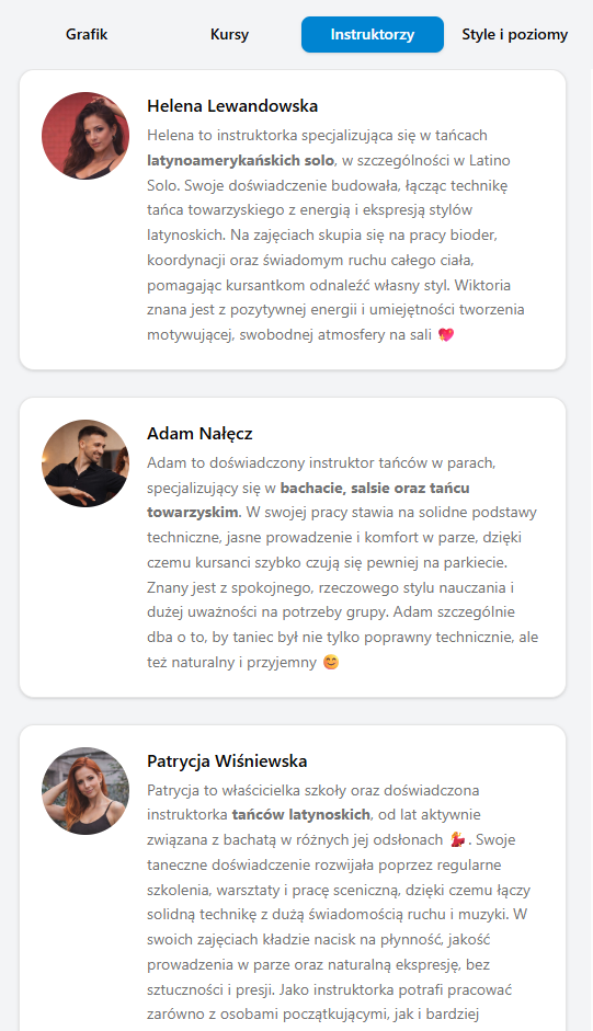 Lista instruktorów na telefonie w Baileo