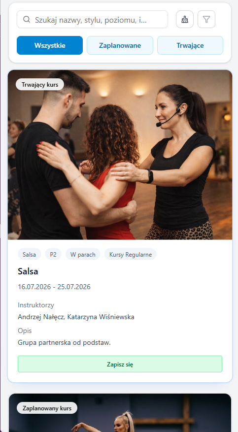Wyszukiwarka kursów na telefonie w Baileo