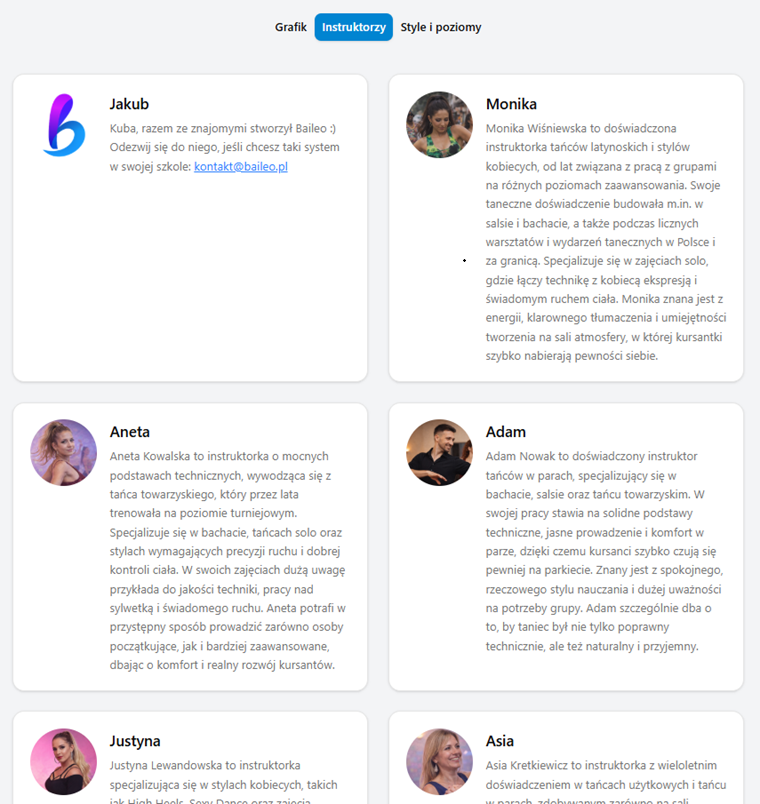 Publiczna przestrzeń online szkoły tańca na zakładce instruktorów