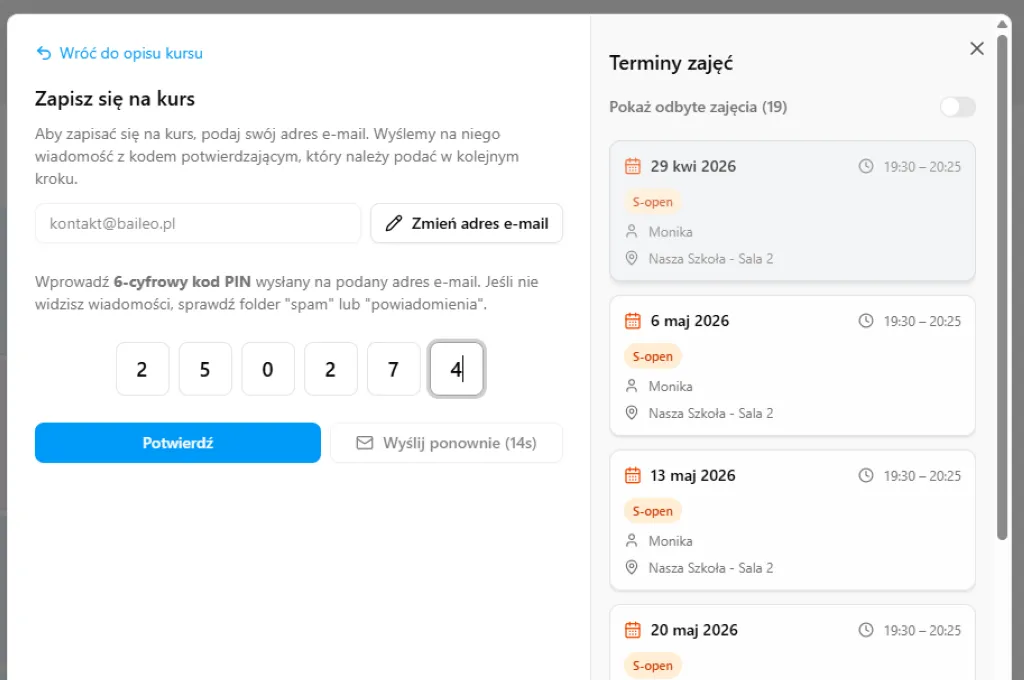Weryfikowanie poprawności adresu email kursanta