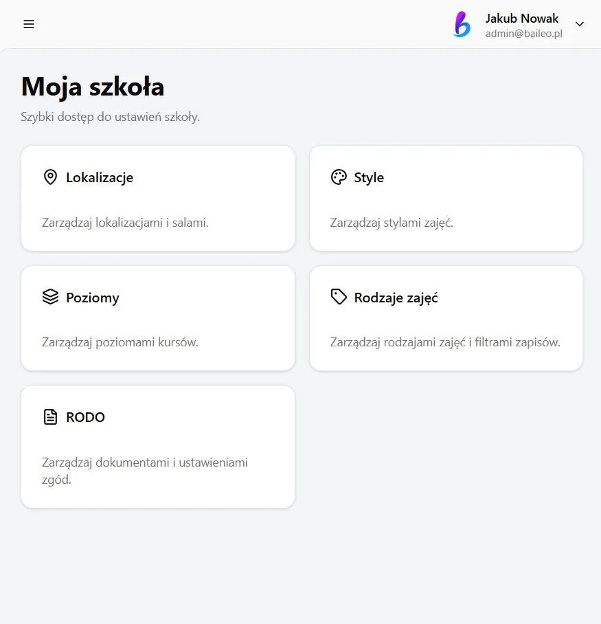 System Baileo do zarządzania szkołą tańca - widok drugi