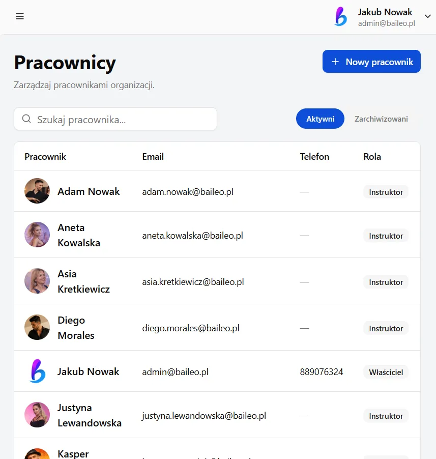 System Baileo do zarządzania szkołą tańca - widok trzeci