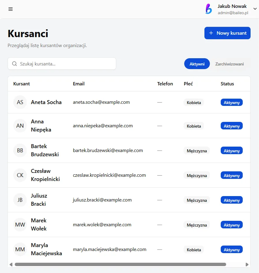 System Baileo do zarządzania szkołą tańca - widok czwarty