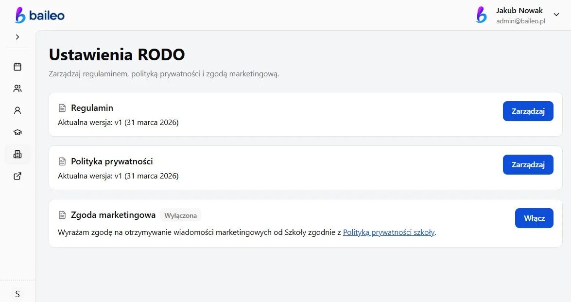 Ustawienia dokumentów RODO w panelu Baileo