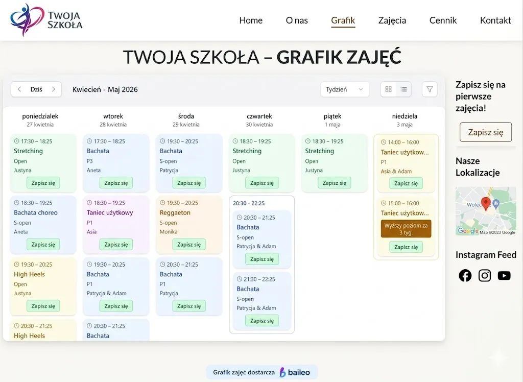 Widżet publicznego grafiku zajęć Baileo osadzony na stronie szkoły