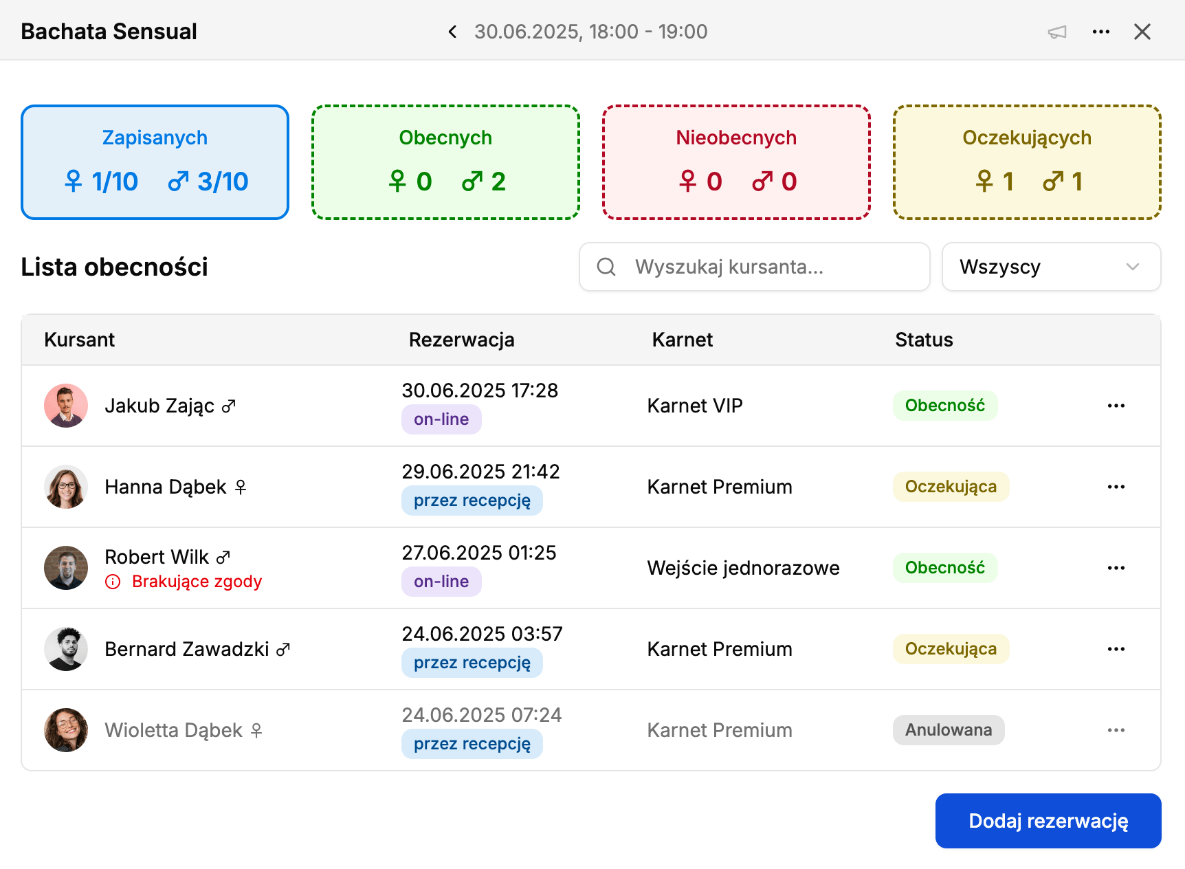 Baileo - Widok zarządzania zajęciami i listą obecności z podziałem na płeć